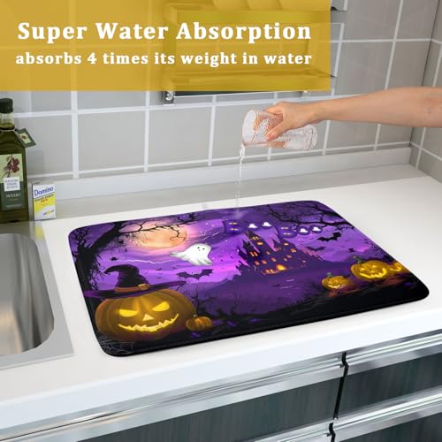 Halloween Scary Night Pumpkin Lanterns Dish Drying Mat for Kitchen Counter
