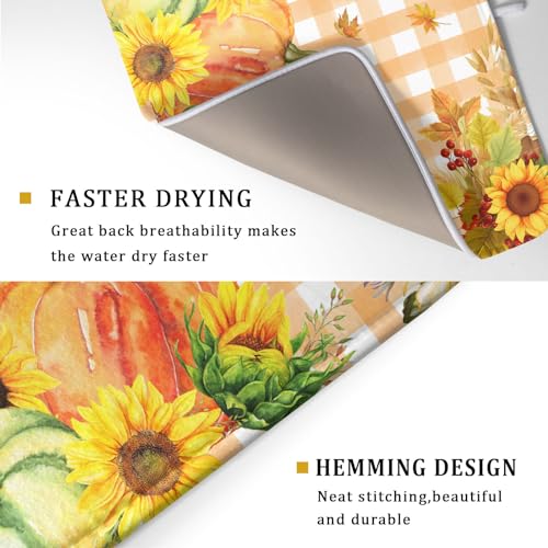 Autumn Maple Leaf Orange White Check Plaids Dish Drying Mat for Kitchen Counter