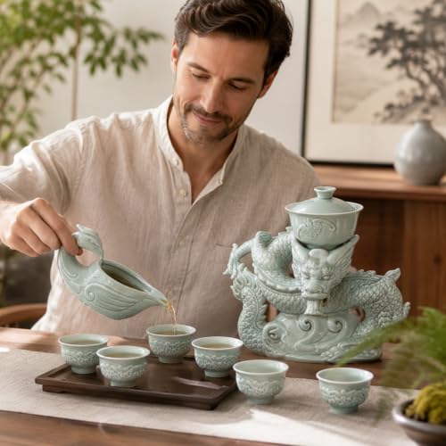 Celadon Dragon Ceramic Gongfu Tea Set with 6 Tea Cups