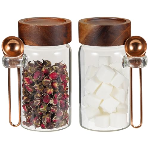 8 oz Small Glass Mason Jars with Scoop Wooden Screw Lid Spice Herb Storage Container Clear Round Glass Food Canister for Seasoning Sugar Tea Coffee Bean Spice Salts Pantry