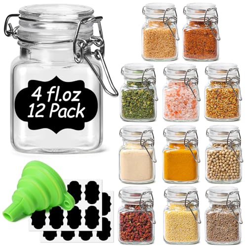 Square Glass Spice Jars 4 oz 12 Pack with Labels and Funnel Set (12 Count)