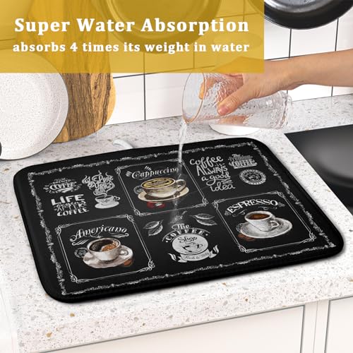 Coffee Dish Drying Mat Vintage Anti Fatigue Espresso Cup Black Bean Maker Machine Drainer Mat Small Dish Pad Dish Drainer Rack Mat Protector Kitchen Accessories Bar Time 16x18 inch