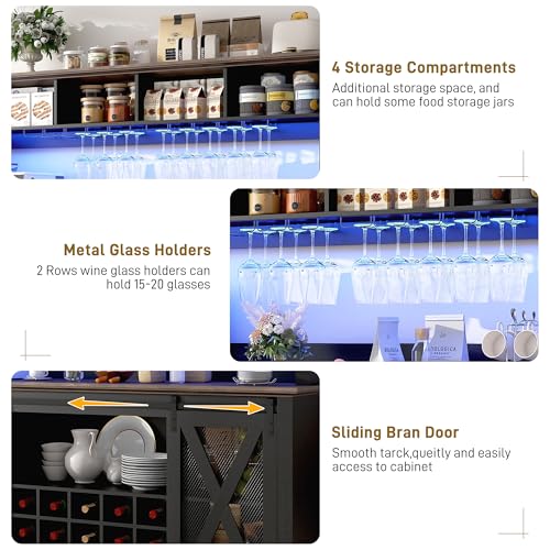 63"Wide 58"H Farmhouse Coffee Bar Cabinet with Power Outlet and LED Light