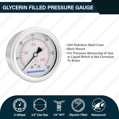 2-1/2 inch Dial Size, Liquid Filled Pressure Gauge, 0-300psi/2000kpa, 304 Stainless Steel Case, 1/4 inch NPT Back Mount