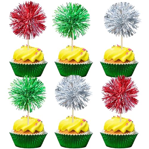 30Pcs Foil Firework Cupcake Toppers Sparkle Tinsel Cake Toppers Tinsel Drink Cake Decoration Cocktail Picks for Birthday Wedding Graduation Party Supplies Silver Green Red (30 Count)