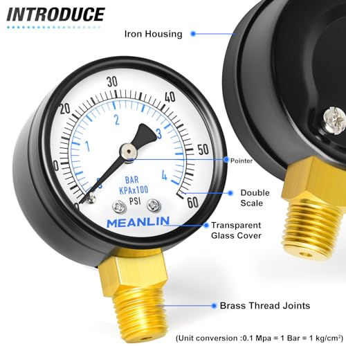 1/4" NPT 0-60Psi 2" Dial Face Well Pump Pressure Gauge, Lower Mount, Suitable for Water, Oil, Air Pressure Testing