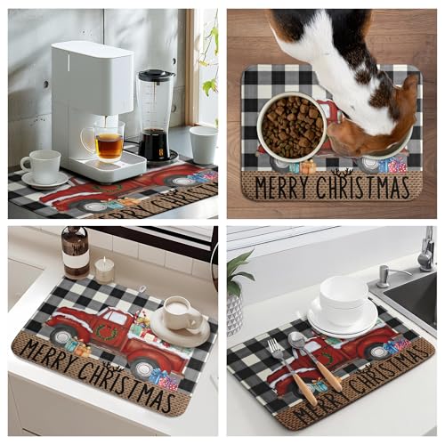 Merry Christmas Truck Dish Drying Mat Winter Large Kitchen Mats Dish Drying Pad Xmas Tree Absorbent Dish Dryer Mat for Kitchen Countertops Microfiber Drainer Pad Dish Drying Mats