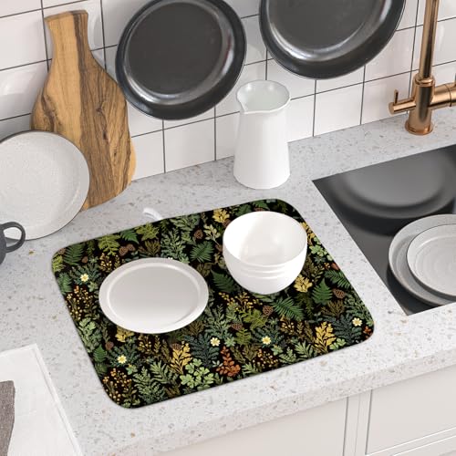 Black Green Botanical Dish Drying Mat for Kitchen Counter 16x18 Inch Super Absorbent Microfiber Kitchen Drying Mat Green Plant Fern Leaves Floral Dish Reusable Washable Dish Drying Pad for Coffee Bar