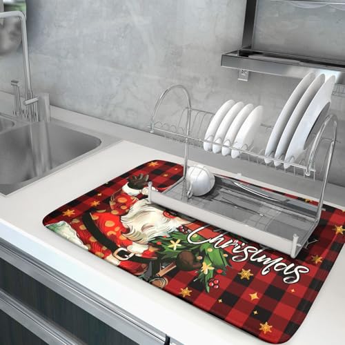 Merry Christmas Santa Claus Red Buffalo Plaid Dish Drying Mat for Kitchen Counter