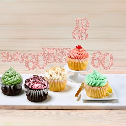 24Pcs 60th Birthday Cupcake Toppers Cheers to 60 Fabulous Sixty Cupcake Picks Vintage 1965 Decorations for 60th Birthday Wedding Anniversary Party Cake Decorations Supplies Rose Gold (24 Count)