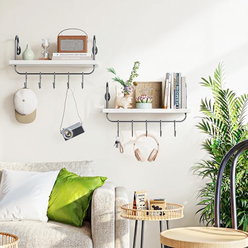 Floating Wall Shelves for Kitchen Bathroom Coffee Nook with 10 Adjustable Hooks for Mugs Cooking Utensils or Towel Rustic Storage Shelves Set of 2 (2 Count)