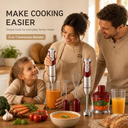 5-in-1 Immersion Hand Blender Set with Variable Speed, 400W, Stainless Steel - Includes Chopper, Whisk, Milk Frother, and Beaker - Ideal for Soups, Smoothies, Baby Food & More (RED)
