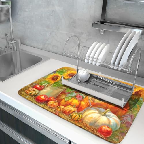 Vintage Fall Autumn Dish Drying Mat 18"x24" Large Rustic Pumpkin Sunflower Bird Dish Drainer Mats Thanksgiving Farmhouse Reversible Dish Drying Pad for Kitchen Countertop Dining Room