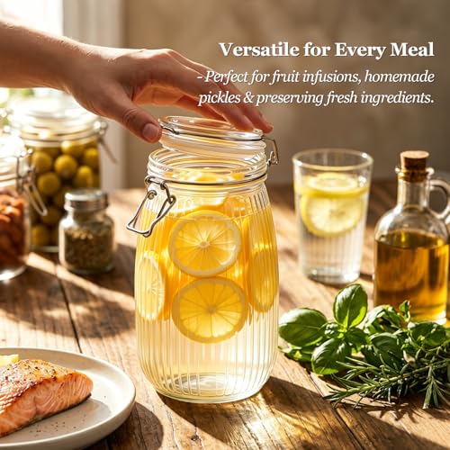 Ribbed Glass Jars with Airtight Lids 51oz 3 Pack Wide Mouth Bulk (3 Count)