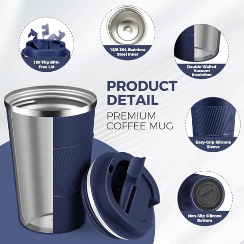 13 oz Stainless Steel Insulated Travel Coffee Mug with Fip Lid Bulk 4 Pack (4 Count)