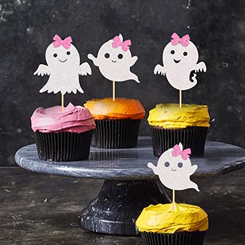24Pcs Ghost Cupcake Toppers Pink Halloween Baby Shower Decor (24 Count)