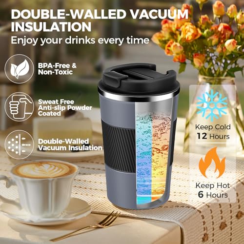 13 oz Stainless Steel Insulated Travel Coffee Mug with Fip Lid Bulk 4 Pack (4 Count)