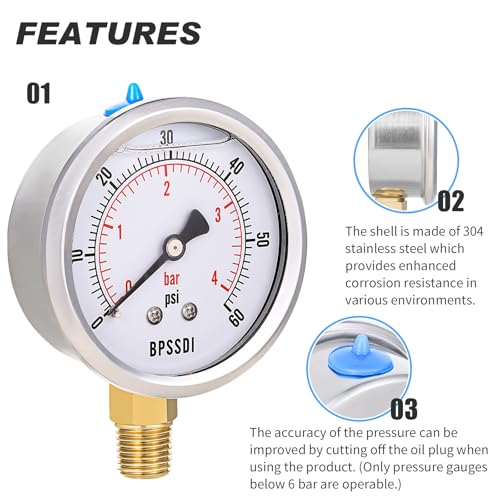 0 60 Psi Glycerin Liquid Filled Low Pressure Gauge