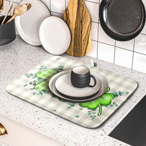 Patrick Dish Drying Mat for Kitchen Green Clovers Grey Buffalo Plaids Dish Drainer Mats 16x18inch Spring Leaf Dish Drying Rack Pad Protector for Countertop Dining Holiday Decor