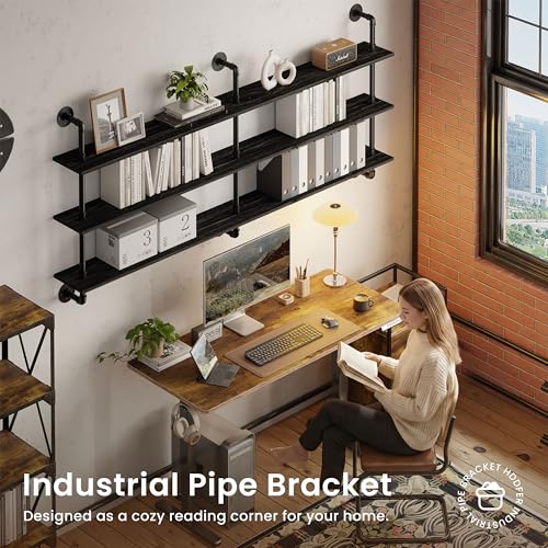 Floating Shelves 70 inch Wall Bookshelf Industrial Pipe Shelving Shelves Real Wood Planks Rustic Wall Shelves Hanging Bookshelves Farmhouse Kitchen Bar Shelving