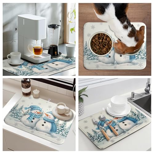 Winter Dish Drying Mat Winter Snowman Large Kitchen Mats Dish Drying Pad Blue Snowman Pine Tree Absorbent Dish Dryer Mat for Kitchen Countertops Microfiber Drainer Pad Dish Drying Mats