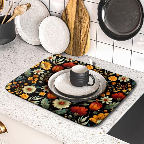 Vintage Boho Floral Dish Drying Mat for Kitchen Counter