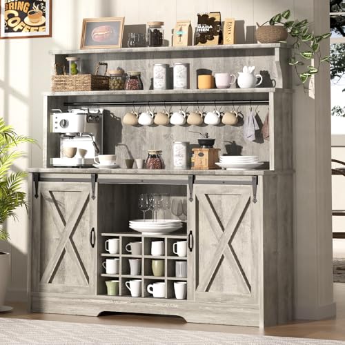 55'' Farmhouse Coffee Bar Cabinet with 3 Tier Storage Hutch