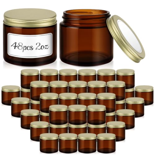 48 Pack 2 OZ Small Amber Glass Jars with Gold Metal Lids (48 Count)