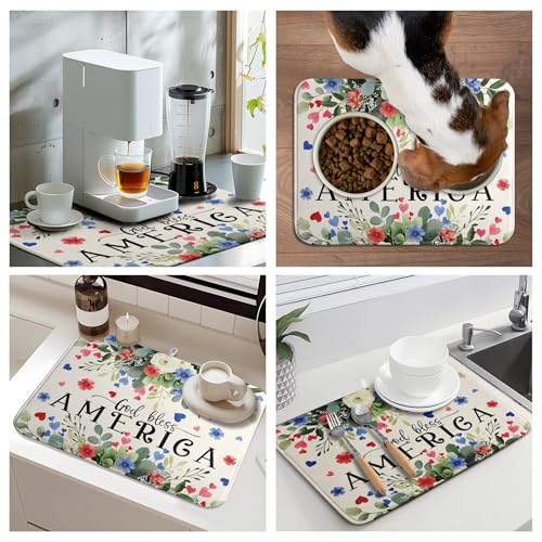 4th of July Patriotic Floral Dish Drying Mat Summer Memorial Day Large Kitchen Mats Dish Drying Pad Absorbent Dish Dryer Mat for Kitchen Countertops Microfiber Drainer Pad Dish Drying Mats