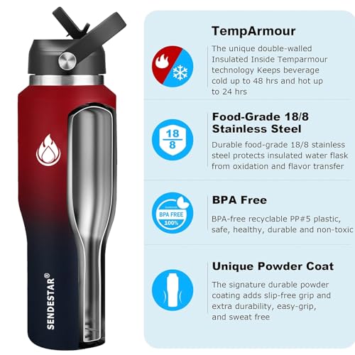 40oz Water Bottle Wide Mouth Stainless Steel Vacuum Insulated Double Wall with 2 Straw Lids Fit in Any Car Cup Holder