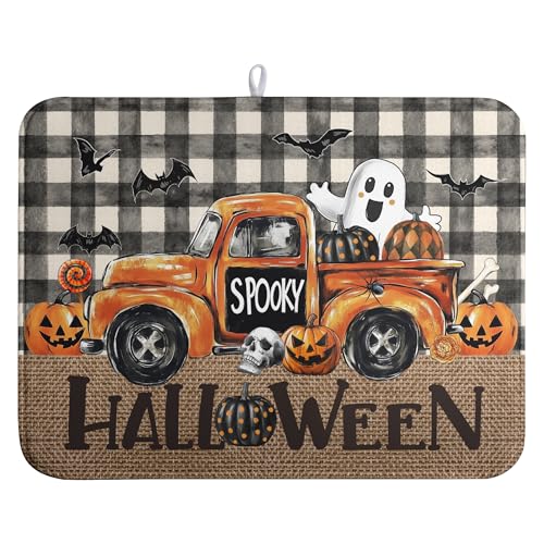Halloween Buffalo Plaid Dish Drying Mat Fall Pumpkin Rustic Large Kitchen Mats Dish Drying Pad Absorbent Dish Dryer Mat for Kitchen Countertops Microfiber Drainer Pad Dish Drying Mats