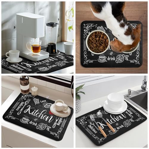 Black Coffee Bar Dish Drying Mats for Kitchen Counter 18x24 Inch