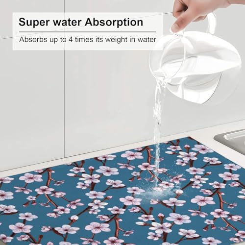 18x24 Blue Cherry Blossom Floral Microfiber Absorbent Dish Drying Mat