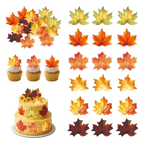 72 Pcs Edible Fall Leaves Cupcake Toppers Wafer Paper Autumn Maple Leaf Cupcake Topper Thanksgiving Theme Cake Picks Birthday Baby Shower Party Decorations