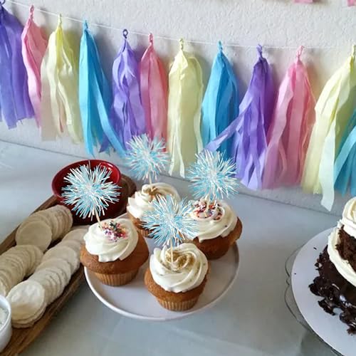 30Pcs Foil Firework Cupcake Toppers Sparkle Tinsel Cake Toppers Tinsel Drink Cake Decoration Cocktail Picks for Birthday Wedding Graduation Party Supplies Laser Blue (30 Count)