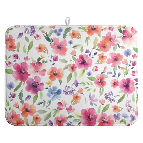 Spring Floral Dish Drying Mat Flowers Summer Kitchen Mat Dish Drying Pad Absorbent Dish Dryer Mat for Kitchen Countertops Microfiber Dishes Drainer Pad Dish Drying Rack Mat