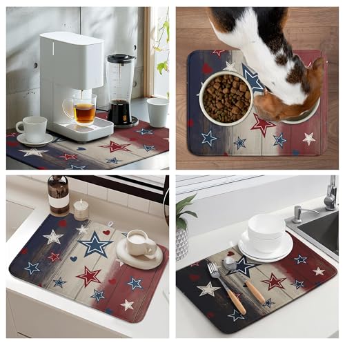 Patriotic Stars Dish Drying Mats 4th of July Dish Mat Blue Red Heart Drying Matt Dishes Dryer Pad for Kitchen Counter Absorbent Microfiber Washable Foldable Reusable 18x24 in