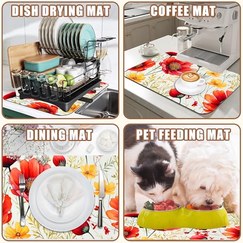 Red and Yellow Flowers Coffee Mat Absorbent Dish Drying Mat for Kitchen Counter Hide Stain Rubber Backed Coffee Bar Accessories Fit Under Espresso Machine