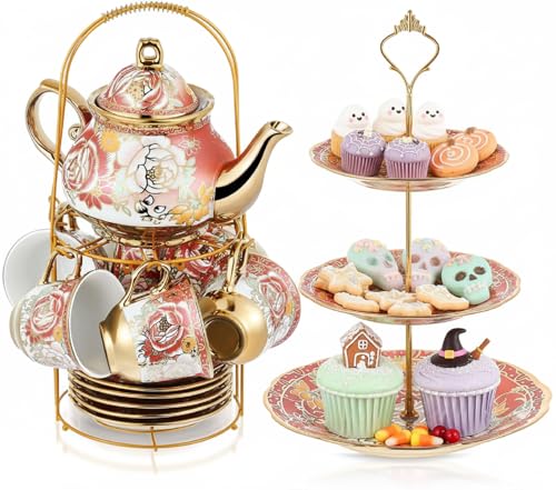 21 Pcs Porcelain Tea Set for Women Tea Party with Metal Holder and 3 Tier Cake Stand Ceramic European Floral Teapot Set for Adults Mother's Day Christmas Thoughtful Gift