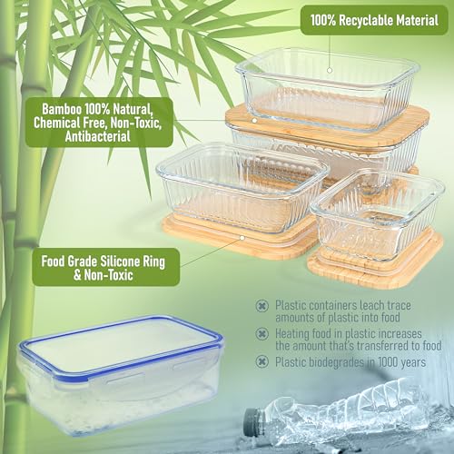 Ribbed Glass 4 Stackable Meal Prep Containers with Bamboo Lids