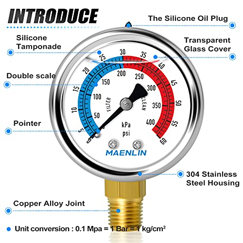 1/4" NPT 0-60psi Pressure Gauge, 2" Dial Glycerine Filled Pool Filter, 304 Stainless Steel Housing, Lower Mount, with 1/2" NPT and 3/8" NPT Hex Bushing
