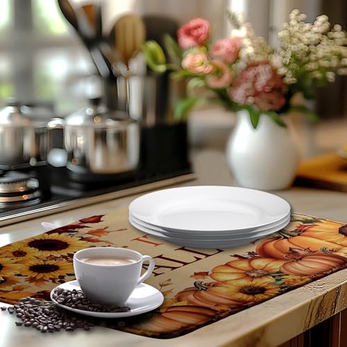 Fall Orange Pumpkins Dish Drying Mat Maple Leaves Autumn Large Kitchen Mats Dish Drying Pad Absorbent Dish Dryer Mat for Kitchen Countertops Microfiber Drainer Pad Dish Drying Mats