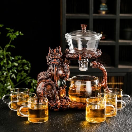 Glass Teapot Set with Infuser Semi Automatic Dragon Tea Set with 6 Small Cups