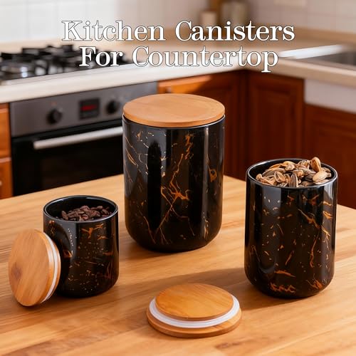 Black Marble Ceramic Canister with Bamboo Lid (3 Count)