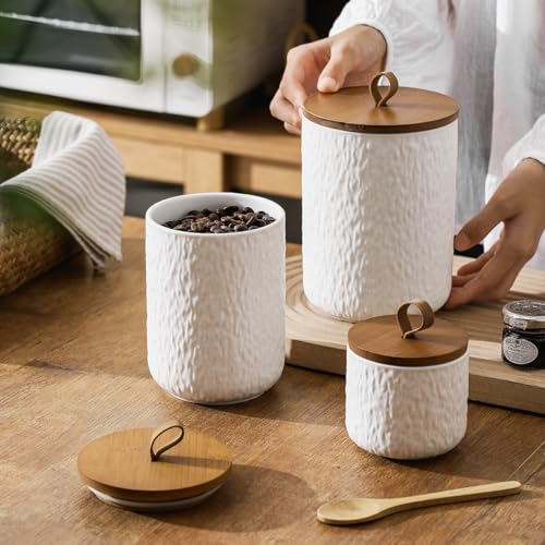 Black White Ceramic Coffee Canister Tea Canister with Seal Wood Lid (3 Count)