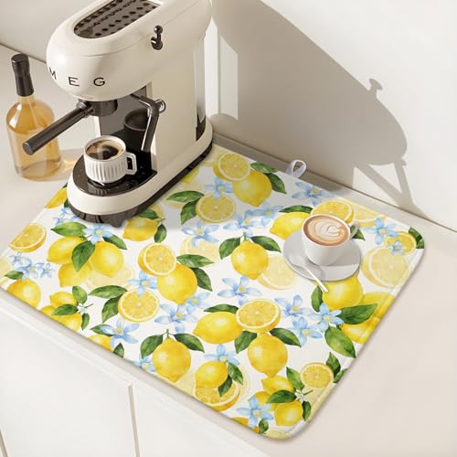 Lemon Dish Drying Mat 16x18 Inch Absorbent Reversible Summer Drying Mat Floral Lemon Fruits Dish Drying Rack Mat Yellow Summer Themed Dish Drainer Mat for Kitchen Counter Coffee Bar