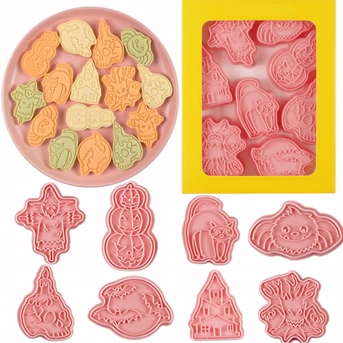 8 Pcs Halloween Cookie Cutters Set Baking Molds 3D Halloween Press type Cookie Cutter for Baking (8 Count)