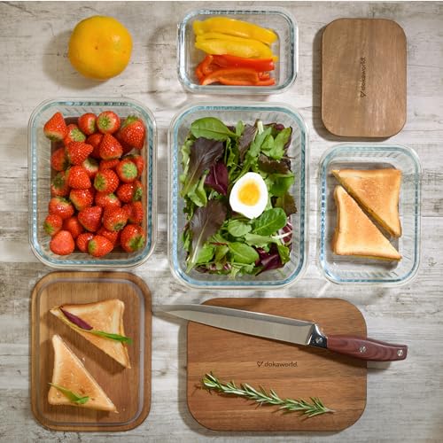 Ribbed Glass 4 Stackable Meal Prep Containers with Acacia Lids