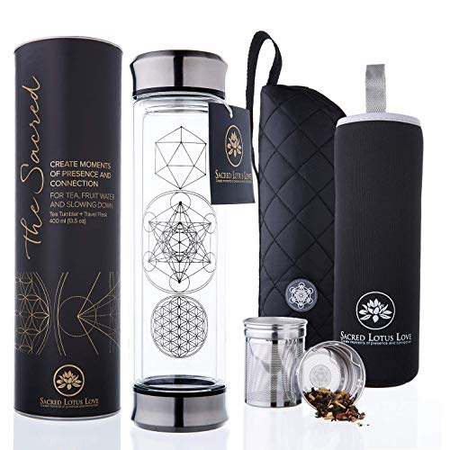 Double Walled Glass Tea Infuser Bottle 14oz Portable Travel Mug with Strainer and Sleeve for Loose Leaf Tea