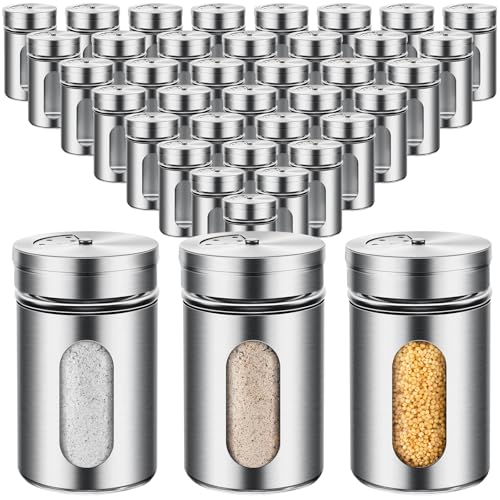 36 Pcs Salt and Pepper Shakers Stainless Steel Spice Shakers with Adjustable Pour Holes and Glass Window 3.4oz Salt Dispenser Spice Jars with Rotating Lids for Sugar Seasoning Home (36 Count)